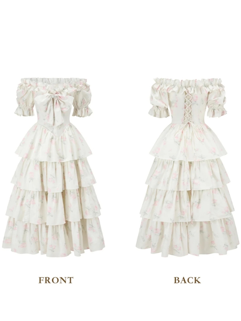 LaceMade Bloom In Coral Island Corset Cream Floral Tiered Puff-Sleeve Dress - Picture 2 of 13